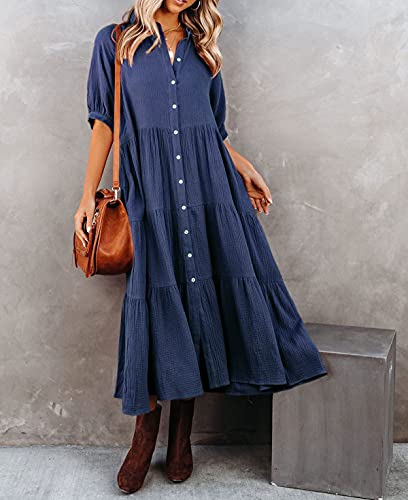 Women's Summer Cotton Half Sleeves Button Down Casual Loose Slit Midi Dress with Pockets