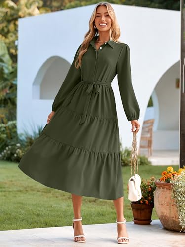 Womens Long Sleeve Dresses 2025 Fall Maxi Casual V Neck Belted Button Down Wedding Guest Shirt Dress with Pockets