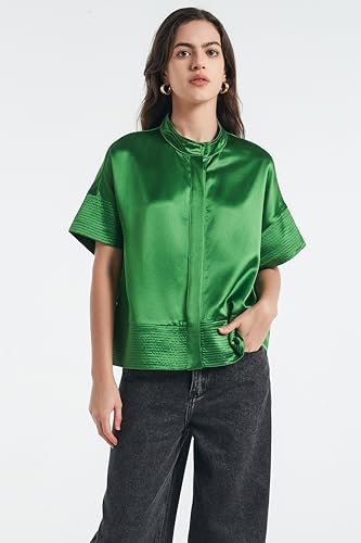 Women's Button Down Shirts Short Sleeve Cropped Dressy Casual Shirts Tops Loose Business Work Blouses