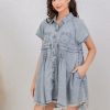 Womens Denim Dress Babydoll Short Sleeve Distressed Loose Button Down Casual Jean Shirt Dress