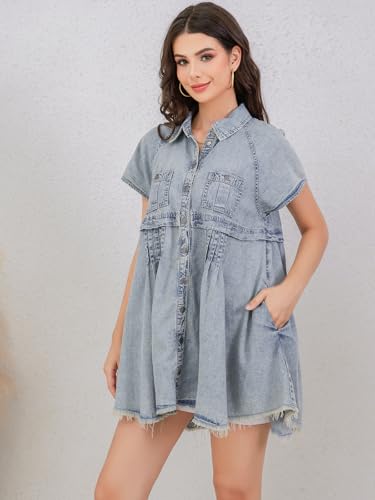 Womens Denim Dress Babydoll Short Sleeve Distressed Loose Button Down Casual Jean Shirt Dress