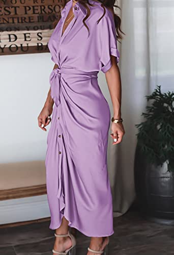 Women Elegant Satin Button Down Short Sleeve Maxi Shirt Dress with Belt