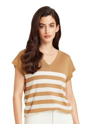 Women's Silk Cashmere Classics V-Neck Striped T-Shirt Loose Casual Summer Tee