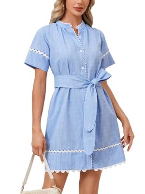 Women's Short Sleeve Summer Shirt Dress Button Down Belted Tunic Mini Dresses RIC Rac Trim Sundress with Pockets