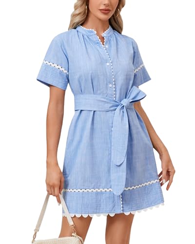 Women's Short Sleeve Summer Shirt Dress Button Down Belted Tunic Mini Dresses RIC Rac Trim Sundress with Pockets