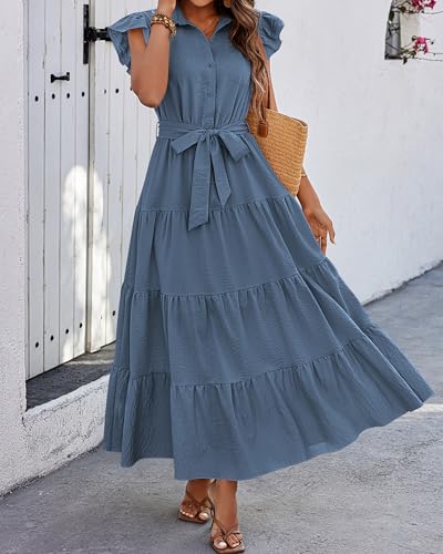 Women's Summer Casual Dresses 2025 Cap Ruffle Sleeve V Neck Button Belted Tiered Boho Maxi Dress with Pockets