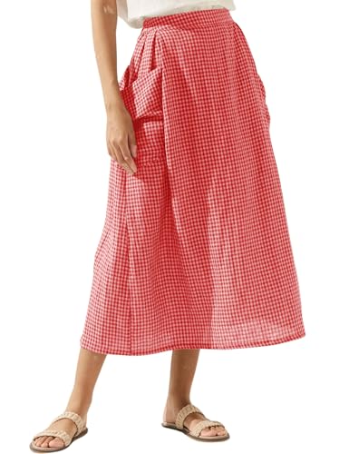 Plaid Skirts for Women Elastic Waist Midi Skirt with Pockets Vintage Flowy Gingham Long Skirt