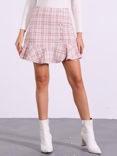 Women's Plaid Skirts Ruffle Hem Button Decor Tweed Mini Skirt