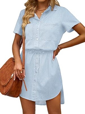 Women Casual Denim Dress Short Sleeve Tie Waist Classic Jean Shirt Dress