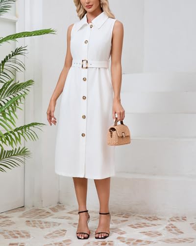 Women's Button Down Shirt Dress Sleeveless Collared A-line Maxi Dress with Belt