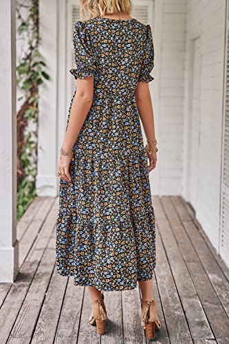 Summer Dresses for Women 2025 Casual Floral Boho Midi Sun Dress Puff Short Sleeve Flowy Beach Vacation Sundress
