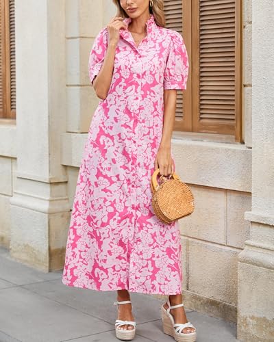 Women's Summer Floral Midi Dress Casual Ruffle Neck Puff Sleeve Button Down Shirt Dresses??No Stretch