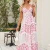 Women Floral Maxi Dress Spaghetti Strap V Neck Patchwork Bohemian Flowy Dresses Summer Fall