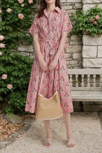Womens Summer Floral Maxi Dress Short Sleeve V Neck Button Belt Casual Long Flowy Shirt Dress