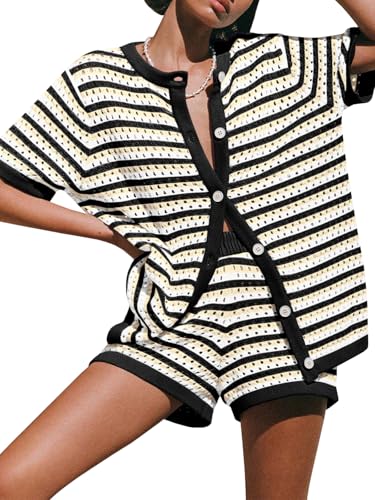 Womens Crochet Swimsuit Coverup Summer Beach Sets Striped Knit Short Sleeve Button Shirts 2 Piece Short Set