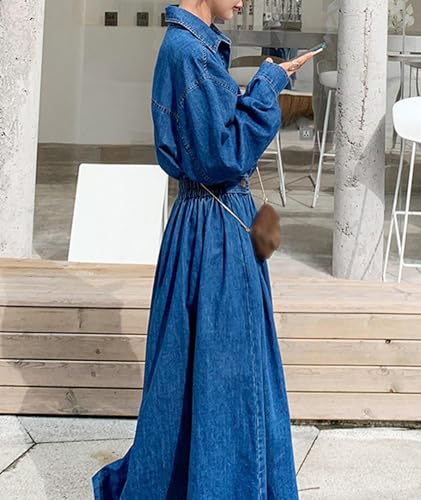 Women's Denim Dress Lapel Button Down Long Sleeve A Line Jeans Maxi Dress Plus Size Denim Shirt Dress with Pockets