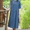 Flower Pattern Casual Denim Dress Blue Short Sleeved Patch Medium Long Robe Loose Fit