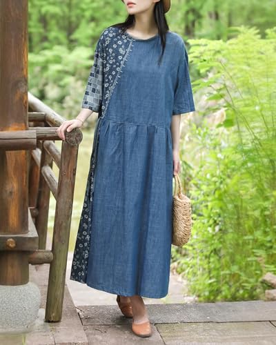 Flower Pattern Casual Denim Dress Blue Short Sleeved Patch Medium Long Robe Loose Fit