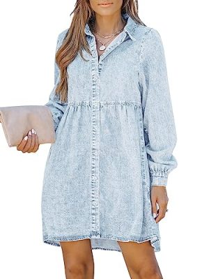 Long Sleeve Denim Dress for Women Jean Dress Button Down Casual Babydoll Denim Shirt Dress