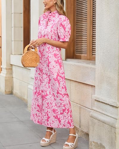 Women's Summer Floral Midi Dress Casual Ruffle Neck Puff Sleeve Button Down Shirt Dresses??No Stretch