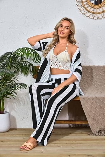 Women's Summer Knit Color Block Two Piece Outfits Button Down Short Sleeved Hollow Out Shirts Long Pants beach Set