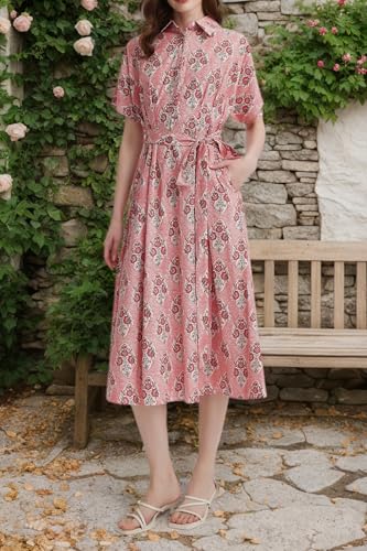 Womens Summer Floral Maxi Dress Short Sleeve V Neck Button Belt Casual Long Flowy Shirt Dress