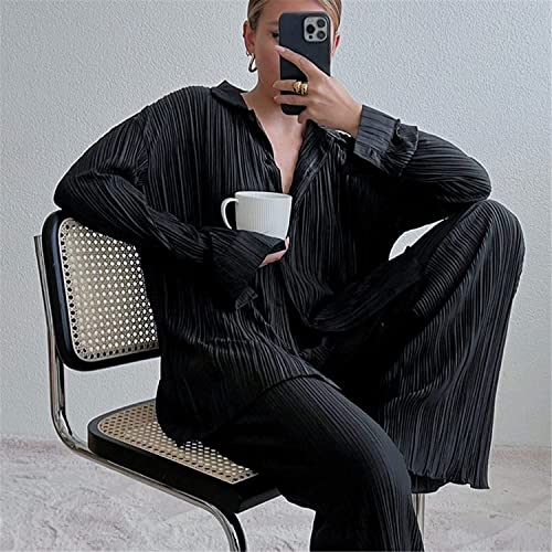 Pleated 2 Piece Outfits for Women Long Sleeve Oversized Button Down Shirt Wide Leg Pants Sets Casual Loungewear