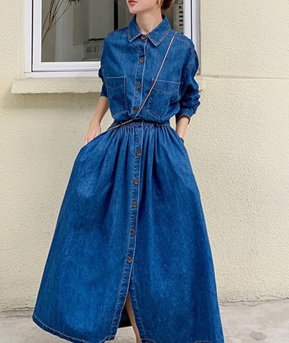 Women's Denim Dress Lapel Button Down Long Sleeve A Line Jeans Maxi Dress Plus Size Denim Shirt Dress with Pockets