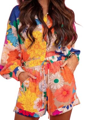 Women's Summer 2 Piece Outfits Print Button Down Shirt Shorts Pockets Long Sleeve Beach Vacation Going Out Outfits