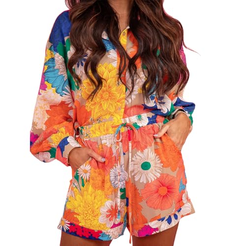 Women's Summer 2 Piece Outfits Print Button Down Shirt Shorts Pockets Long Sleeve Beach Vacation Going Out Outfits