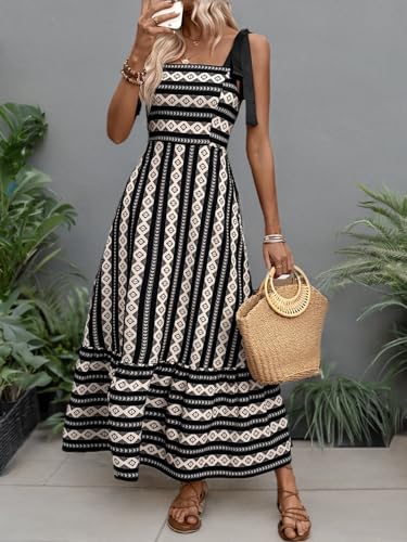 Women's Floral Print Tie Strap Square Neck Ruffle Boho Maxi Dress