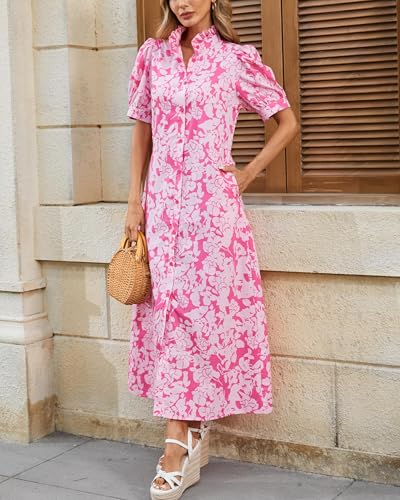 Women's Summer Floral Midi Dress Casual Ruffle Neck Puff Sleeve Button Down Shirt Dresses??No Stretch