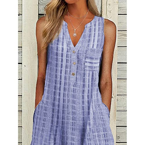 Women Casual Dress Summer Stripe Button V Neck Sleeveless with Pocket Long Dresses Holiday Beach Party Midi Dress