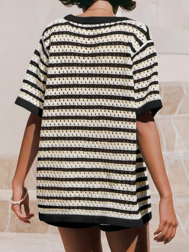 Womens Crochet Swimsuit Coverup Summer Beach Sets Striped Knit Short Sleeve Button Shirts 2 Piece Short Set