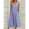 Women Casual Dress Summer Stripe Button V Neck Sleeveless with Pocket Long Dresses Holiday Beach Party Midi Dress