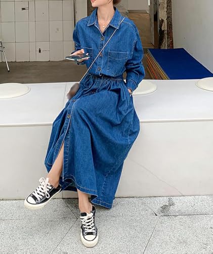 Women's Denim Dress Lapel Button Down Long Sleeve A Line Jeans Maxi Dress Plus Size Denim Shirt Dress with Pockets