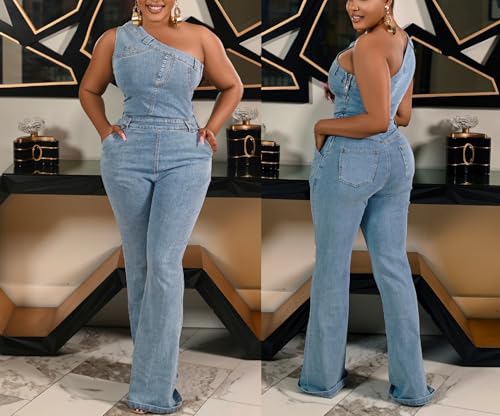 Women Trendy Asymmetric One Piece Bodycon Denim Romper Sexy Slim Jean Jumpsuit Oversize Fascinating Stretch Pants