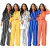 Women's Casual Two Piece Outfits Striped Long Sleeve Collar Button Down Shirt Blouse High Waist Wide Leg Pants Sets